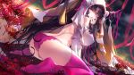  1girl ass back baisi_shaonian bangs bare_shoulders black_hair breasts covered_nipples eyebrows_visible_through_hair fate/extra fate/extra_ccc fate_(series) flower highres horns long_hair panties pink_legwear pink_panties sesshouin_kiara sitting smile solo thighhighs underwear veil very_long_hair wariza yellow_eyes 