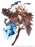  1girl absurdres bandages belt belt_buckle blonde_hair blood bloody_bandages boots buckle cloak cross-laced_footwear deep_wound eyepatch frills full_body fur_trim grin highres injury ji_no little_red_riding_hood_(sinoalice) looking_at_viewer mace official_art orange_eyes sinoalice smile solo square_enix thigh_boots thighhighs torn_clothes weapon white_background 