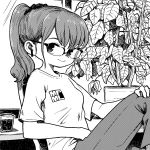  1girl earbuds earphones from_side glasses hand_on_own_knee highres iced_coffee kawatarou monochrome original pants plant ponytail potted_plant scrunchie sitting solo wireless_earphones 
