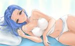  1girl blue_eyes blue_hair blush breasts camisole chaesu cleavage collarbone forehead hair_down long_hair looking_at_viewer lying medium_breasts messy_hair minah_(chaesu) navel on_side original panties pillow slender_waist solo spaghetti_strap strap_slip underwear white_panties 