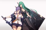  2girls :d arknights bangs bare_shoulders black_gloves black_shirt blue_jacket breasts ch&#039;en_(arknights) chinese_commentary cleavage commentary_request cowboy_shot dragon_horns fingerless_gloves gloves green_hair grey_background hair_between_eyes hand_up hannya_(arknights) highres horns hoshiguma_(arknights) jacket long_hair looking_at_another medium_breasts multiple_girls navel necktie off_shoulder open_clothes open_jacket open_mouth orange_neckwear purple_hair red_eyes scabbard sheath sheathed shield shirt short_shorts shorts simple_background single_horn sleeveless sleeveless_shirt smile standing sword tenshin_kagehisa thighs v-shaped_eyebrows weapon white_shirt yellow_eyes 