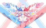  2girls absurdres bingshan blue_eyes blue_gemini_wing flat_chest heart highres holding_hands magic_henshin multiple_girls navel no_humans official_art open_mouth pink_eyes pink_gemini_wing robot 