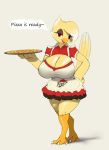  anthro avian big_breasts bird breasts canary cleavage cleavage_cutout clothed clothing dialogue female finch food hand_on_hip hi_res non-mammal_breasts oscine passerine pizza pizza_hut simple_background solo thousandfoldfeathers vanilla_(canary) yellow_feather 