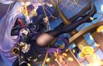  ass bicorne black_coat boots breasts coat coin dahut_(fate/grand_order) epaulettes eyepatch fate/extra fate/grand_order fate_(series) francis_drake_(fate) gold_coin hat high_heel_boots high_heels hip_focus large_breasts lavender_hair long_hair pantyhose pirate pirate_hat thigh_boots thighhighs treasure treasure_chest veil_over_eyes very_long_hair yellow_eyes yue_xiao_e 