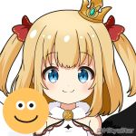 1girl bangs bare_shoulders black_wings blonde_hair blue_eyes blush bow closed_mouth commentary_request crown emoji eyebrows_visible_through_hair fur_collar hair_bow looking_at_viewer maaru_(shironeko_project) miicha mini_crown mismatched_wings red_bow shironeko_project simple_background smile solo tilted_headwear twitter_username two_side_up upper_body white_background white_wings wings 