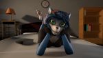  16:9 2020 3d_(artwork) anthro aviator_goggles bed bedroom bedroom_eyes blue_body blue_fur blue_hair book canid canine clock clothing digital_media_(artwork) female fox fur furniture green_eyes hair hi_res hindpaw krystal lamp looking_at_viewer lying mammal mirasfm multicolored_body multicolored_fur narrowed_eyes nintendo on_front paws seductive shirt solo star_fox topwear video_games wall_clock white_body white_fur widescreen 