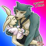  2020 abs anthro anthro_on_anthro beastars border bottomwear breasts canid canine canis claws clothed clothing countershade_face countershade_torso countershading domestic_rabbit duo erect_nipples exposed_breasts eyes_closed female fur gradient_background grey_body grey_fur haru_(beastars) interspecies lagomorph legoshi_(beastars) leporid male male/female mammal muscular muscular_male necktie nipples open_pants open_shirt oryctolagus pants pecs plucky_prickle predator/prey rabbit shirt simple_background text topwear white_body white_border wolf 