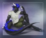  2020 4_toes 5_fingers anthro blue_eyes blue_hair clothed clothing digital_media_(artwork) dragon eyebrows eyelashes fingers hair male sitting smile solo toes wingless_dragon yasmil 
