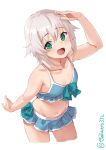  1girl alternate_costume bangs cowboy_shot ebifurya frilled_swimsuit frills front-tie_top green_eyes grey_hair highres kantai_collection messy_hair open_mouth pleated_skirt salute shimushu_(kantai_collection) short_hair skirt smile swimsuit twitter_username white_background 