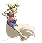  2008 anthro barefoot black_nose blonde_hair bottomwear breasts canid canine clothing female fox fur hair mammal moomanibe pawpads shorts smile solo tan_body tan_fur 