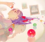  1girl ask_(askzy) ball dark_persona dark_sakura fate/stay_night fate_(series) hand_on_own_chin heaven&#039;s_feel holding holding_ball looking_back looking_up lying matou_sakura multiple_persona on_back purple_eyes purple_hair red_eyes reflection white_hair 
