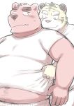  2017 anthro belly blush clothing duo felid hi_res humanoid_hands kemono kick_(artist) male male/male mammal overweight overweight_male pantherine shirt simple_background tiger topwear ursid 