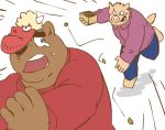  2014 anthro bodily_fluids bottomwear brown_body brown_fur clothing crying duo fur humanoid_hands kemono kick_(artist) male mammal mask overweight overweight_male pants shirt simple_background suid suina sus_(pig) tears topwear ursid white_background wild_boar 