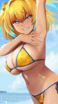  1girl aqua_hair arm_up armpits bangs bikini blonde_hair blue_eyes blue_sky blurry blurry_background bombergirl breasts cameltoe cloud covered_nipples day eyebrows_visible_through_hair from_side grenade_hair_ornament grin hair_between_eyes half-closed_eyes hand_up highres horizon looking_at_viewer multicolored_hair navel ocean outdoors pine_(bombergirl) raised_eyebrows side-tie_bikini sky smile smug solo swimsuit symbol-shaped_pupils underboob water wet yellow_bikini yuzuriha_(active_homing) 