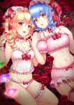  2girls :d absurdres bangs blonde_hair blue_hair bow bow_panties breasts choker cinderella_bust cleavage collarbone detached_sleeves drill_hair eyebrows_visible_through_hair fang flandre_scarlet flower frilled_panties frills from_above garter_straps hair_between_eyes hat hat_bow highres holding_hands long_hair looking_at_viewer lying medium_breasts medium_hair multiple_girls on_back open_mouth panties pink_headwear pink_sleeves pointy_ears red_bow red_eyes red_flower red_panties red_ribbon red_rose remilia_scarlet ribbon ribbon-trimmed_panties rose shiny shiny_hair short_sleeves siblings side_drill sisters smile spaghetti_strap thigh_strap touhou underwear underwear_only uzura_(moimoi) vampire white_choker white_headwear white_panties 