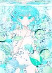  air_bubble aqua_eyes aqua_hair bare_arms bare_shoulders bubble closed_mouth cowboy_shot cup drinking_glass eyebrows_visible_through_hair food fruit hand_up highres ice_cream lime_(fruit) lime_slice mint one-piece_swimsuit original plant short_hair swimsuit underwater watariganikun white_swimsuit wine_glass 