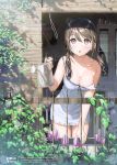  1girl absurdres babydoll bangs blush breasts brown_eyes brown_hair cleavage collarbone curtains eyebrows_visible_through_hair highres holding holding_watering_can huge_filesize kantoku leaf lingerie long_hair medium_breasts open_mouth original scan solo standing strap_slip twintails underwear watering_can white_babydoll window 