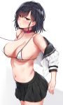  1girl bangs black_hair black_skirt blush bra breasts collar eyebrows_visible_through_hair highres jaku_denpa leash micro_bra navel off_shoulder original parted_lips pink_collar pleated_skirt sailor_collar school_uniform skirt solo sweat underwear watanabe_ayasa_(jackdenpa) white_bra 