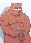  2015 anthro balls belly blush brown_body brown_fur erection fur genitals humanoid_genitalia humanoid_hands humanoid_penis kemono kick_(artist) male mammal moobs nipples overweight overweight_anthro overweight_male penis simple_background solo ursid 