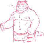  2014 anthro belly felid humanoid_hands japanese_text kemono kick_(artist) male mammal moobs navel nipples overweight overweight_anthro overweight_male pantherine simple_background solo text tiger towel white_background 