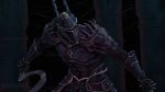  1boy armor artist_name black_armor breastplate dark demon&#039;s_souls dual_wielding faulds fighting_stance gauntlets helmet highres holding holding_weapon horned_helmet looking_away male_focus menaslg outstretched_arms pauldrons shoulder_armor sickle silver_trim solo souls_(from_software) upper_body weapon yurt_the_silent_chief 