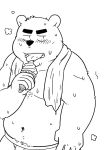  2011 anthro barely_visible_genitalia barely_visible_penis belly blush bodily_fluids dessert food genitals ice_cream kemono kick_(artist) male mammal overweight overweight_anthro overweight_male penis simple_background solo sweat towel ursid white_background 