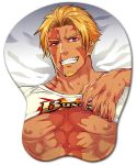  1boy abs bangs bara beard beowulf_(fate/grand_order) blonde_hair buster_shirt chest facial_hair fate/grand_order fate_(series) goatee looking_at_viewer lowres male_focus mousepad_(medium) muscle nipples pectorals scar shirt_pull smile solo yamanome 