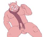  2014 anthro balls belly erection genitals kemono kick_(artist) male mammal moobs nipples overweight overweight_anthro overweight_male penis scarf simple_background solo suid suina sus_(pig) white_background wild_boar 