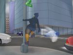  absurd_res anthro avian big_butt bird butt car clothed clothing detailed_background elektr0 female hi_res manhole no_underwear rear_view solo topaz_(elektr0) vehicle 