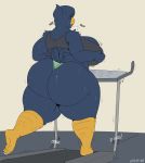  absurd_res anthro avian big_butt bird bodily_fluids butt clothed clothing elektr0 exercise female hi_res huge_butt rear_view solo sweat thong topaz_(elektr0) treadmill underwear 