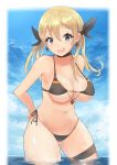  1girl alternate_costume ass_visible_through_thighs bare_shoulders bikini black_bikini black_choker black_ribbon blonde_hair blue_eyes blush breasts choker cleavage earrings flag_print german_flag_bikini hair_between_eyes hair_ribbon jewelry kantai_collection large_breasts long_hair looking_at_viewer partially_submerged prinz_eugen_(kantai_collection) ribbon solo swimsuit twintails yuzuruka_(bougainvillea) 