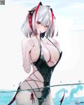  1girl absurdres arknights bangs bare_shoulders black_swimsuit blush breasts covered_nipples demon_tail highres horns large_breasts looking_at_viewer o-ring o-ring_swimsuit omone_hokoma_agm outdoors red_eyes short_hair silver_hair smile solo swimsuit swimsuit_in_mouth tail w_(arknights) wading wet 