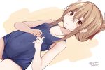  1girl blue_swimsuit brown_eyes brown_hair collarbone covered_navel cowboy_shot flat_chest folded_ponytail hamayuu_(litore) inazuma_(kantai_collection) kantai_collection long_hair looking_at_viewer school_swimsuit solo standing swimsuit twitter_username two-tone_background 