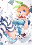  1girl :o alice_in_wonderland animal bangs bison_cangshu black_headwear blue_dress blue_eyes blurry blurry_background blurry_foreground blush breasts bunny card choker cleavage club_(shape) collarbone commentary_request depth_of_field dress facial_hair falling feet_out_of_frame frilled_dress frills gloves go-toubun_no_hanayome green_ribbon hair_ribbon hairband hands_up heart highres knees_up large_breasts looking_at_viewer medium_breasts mustache nakano_yotsuba open_mouth orange_hair playing_card puffy_short_sleeves puffy_sleeves red_ribbon ribbon ribbon_choker short_sleeves solo spade_(shape) striped striped_legwear thighhighs white_gloves white_legwear 