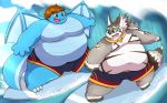  2020 anthro belly blue_body bulge canid canine canis clothing dragon duo hi_res jackal kemono kusosensei male mammal moobs obese outside overweight overweight_male scalie seth_(tas) surfing swimwear tokyo_afterschool_summoners video_games water 