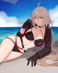  1girl absurdres ahoge bangs beach bikini black_bikini black_choker black_gloves black_jacket blue_sky breasts choker cleavage cropped_jacket fate/grand_order fate_(series) gloves highres huge_filesize jacket jeanne_d&#039;arc_(alter_swimsuit_berserker) jeanne_d&#039;arc_(fate)_(all) jesse_(pixiv34586727) large_breasts long_hair long_sleeves looking_at_viewer navel o-ring o-ring_bikini ocean shore shrug_(clothing) silver_hair sky smile swimsuit thighs very_long_hair yellow_eyes 