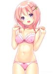  1girl arms_up ass_visible_through_thighs bow bow_panties bra bra_pull breasts cleavage flower gochuumon_wa_usagi_desu_ka? hair_flower hair_ornament hairclip hoto_cocoa navel open_mouth panties pink_bra pink_hair pink_panties polka_dot polka_dot_bra polka_dot_panties pulled_by_self purple_eyes short_hair simple_background smile solo thighs underwear underwear_only usume_shirou white_background 