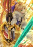  1girl absurdres ahoge armor armored_dress artoria_pendragon_(all) artoria_pendragon_(caster) bangs blonde_hair breastplate breasts crown dress fate/grand_order fate_(series) fur_trim gloves green_eyes highres holding holding_staff huge_filesize long_hair long_sleeves looking_at_viewer penguintake staff wide_sleeves 