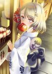  1girl absurdres alternate_costume azur_lane candy_apple commentary_request contemporary eating eyebrows_visible_through_hair fan food from_above grey_hair hair_ornament hair_ribbon highres holding holding_food iron_cross japanese_clothes john_manjirou_(love-love-happy21) kimono lampion looking_at_viewer looking_up obi paper_fan ribbon sash short_hair silver_eyes solo stand summer_festival uchiwa wide_sleeves yukata z23_(azur_lane) 