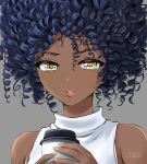  1girl afro black_hair chaesu close-up coffee_cup commentary cup dark_skin disposable_cup english_commentary grey_background highres lips lipstick makeup nara_(chaesu) original portrait ringlets sleeveless sleeveless_turtleneck solo turtleneck very_dark_skin watermark yellow_eyes 