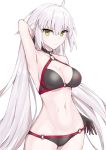  1girl ahoge armpits bikini breasts choker cleavage collarbone commentary_request cowboy_shot elfenlied22 eyebrows_visible_through_hair eyes_visible_through_hair fate/grand_order fate_(series) gloves hair_between_eyes highres jeanne_d&#039;arc_(alter_swimsuit_berserker) jeanne_d&#039;arc_(fate)_(all) long_hair looking_at_viewer medium_breasts midriff navel o-ring o-ring_bikini simple_background solo standing swimsuit white_background white_hair yellow_eyes 