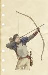  1boy armor arror belt bow_(weapon) bracer breastplate brown_gloves brown_hair gloves gloves_removed highres holding holding_bow_(weapon) holding_weapon long_sleeves looking_to_the_side looking_up male_focus pants quiver solo standing tactics_ogre vice_bozeg weapon windcaller 