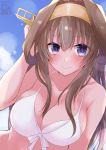  0yukiya0 1girl alternate_costume artist_name barefoot bikini blush breasts brown_hair cleavage dated highres kantai_collection kongou_(kantai_collection) large_breasts long_hair looking_at_viewer purple_eyes remodel_(kantai_collection) smile solo swimsuit white_bikini 