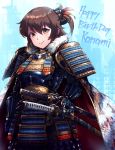  1girl arm_at_side armor bangs black_bow blue_background bow breastplate brown_eyes brown_hair cape character_name closed_mouth commentary_request cowboy_shot don_michael etou_kanami eyebrows_visible_through_hair feathers floral_print fur-trimmed_cape fur_trim hair_between_eyes hair_bow hair_feathers hand_on_sheath happy_birthday highres japanese_armor katana kote kusazuri looking_at_viewer one_side_up orange_feathers print_cape sageo samurai saya_(scabbard) scabbard sheath sheathed shiny shiny_hair short_hair shoulder_armor smile sode solo standing sword toji_no_miko tsuba_(guard) tsuka-ito tsuka_(handle) weapon 