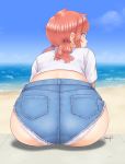  1girl artist_name ass beach blue_eyes brown_hair day denim denim_shorts from_behind looking_to_the_side monica_blueash outdoors school_girl_strikers shirt short_shorts short_sleeves short_twintails shorts sitting sunsun69 twintails white_shirt 