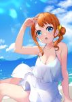  1girl :o arm_up bangs bare_arms bare_shoulders beach blue_eyes blue_sky bon_(bonbon315) breasts cleavage cloud collarbone commentary_request day dress feet_out_of_frame from_side hair_ornament hair_scrunchie highres looking_at_viewer medium_hair ocean open_mouth orange_hair orange_scrunchie original outdoors scrunchie shading_eyes side_ponytail sitting sky sleeveless sleeveless_dress solo sundress upper_teeth wet white_dress 