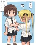  2girls blonde_hair blush brown_eyes brown_hair hair_ribbon kill_me_baby long_hair meis_(terameisu) multiple_girls necktie nipple_press open_mouth oribe_yasuna ribbon school_uniform short_hair skirt sonya_(kill_me_baby) translation_request twintails 