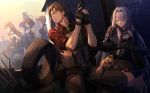  1boy 5girls an-94 an-94_(girls_frontline) assault_rifle black_gloves black_pants blue_eyes brown_eyes brown_hair bulletproof_vest commander_(girls_frontline) english_commentary executioner_(girls_frontline) fingerless_gloves girls_frontline gloves gun handgun headgear hiding highres holding holding_gun holding_weapon long_hair multiple_girls necktie niac outdoors pants pistol pouch red_shirt rifle ripper_(girls_frontline) ruins sangvis_ferri shirt short_hair silver_hair squirrel tactical_clothes taking_cover tire trigger_discipline vespid_(girls_frontline) weapon 