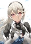  1girl bangs black_gloves black_hairband black_shirt breastplate breasts closed_eyes corrin_(fire_emblem) corrin_(fire_emblem)_(female) eyebrows_visible_through_hair fire_emblem fire_emblem_fates gloves grey_hair hair_between_eyes hairband hands_up highres long_hair looking_at_viewer medium_breasts pointy_ears puffy_sleeves red_eyes shirt simple_background solo tears upper_body very_long_hair white_background yappen 