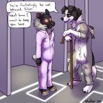  1:1 2020 anthro border_collie bovid canid canine canis caprine claws clothing collie dialogue domestic_dog duo english_text half-closed_eyes herding_dog hi_res hooves hypnosis jumpsuit kigurumi looking_at_another male mammal mind_control narrowed_eyes neck_tuft open_mouth pastoral_dog prison prisoner redfeatherstorm ringed_eyes sheep sheepdog shepherd&#039;s_crook signature speech_bubble standing story story_in_description text toe_claws tuft 